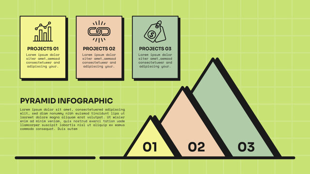 pyramid infographic template with three point ascending overlapping triangle mountain square icon card layout, neobrutalism flat style