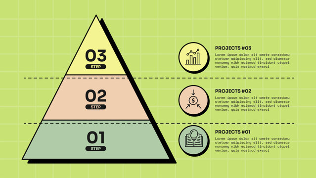 pyramid infographic template with three level step pyramid dashed divider line circle icon badge layout, neobrutalism flat style