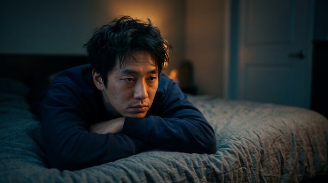 Sad Asian man lying on bed in dark room looking thoughtful and pensive with a melancholic expression