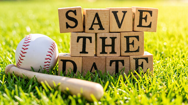 Save the date message on wooden blocks with baseball on green grass