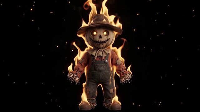 Scary burning scarecrow doll with glowing eyes on black background