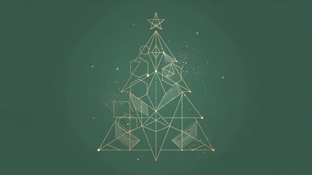 Collection of Abstract Geometric Christmas Trees with Gold Lines, Polygons, Stars, and Sparkles on Dark Green Background Illustrations