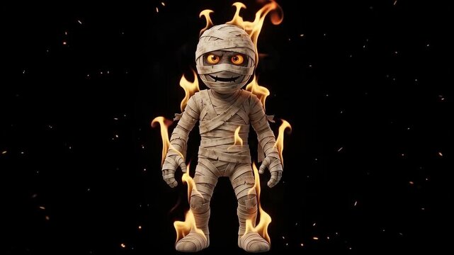 A cartoon mummy character wrapped in bandages engulfed in flames