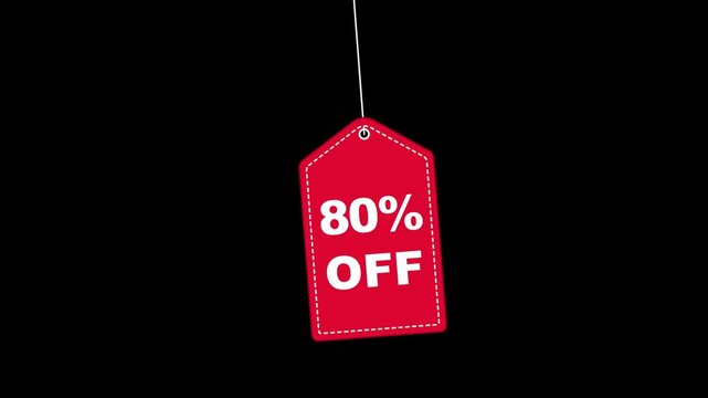 Red sale tag animation with eighty percent off text hanging on string against black background.