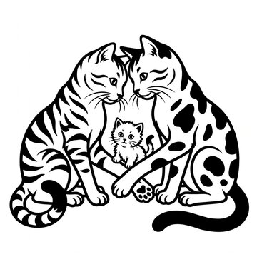 Cat Family Illustration With Kitten Embraced by Two Adult Cats &mdash; Pet Love and Protection