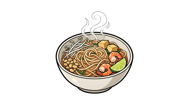Steaming bowl of shrimp noodle soup sticker food illustration.