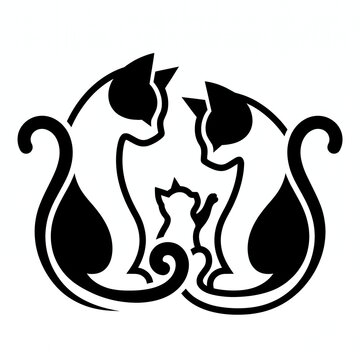 Stylized Cat Family Silhouette of Two Adult Cats and a Kitten in Black and White