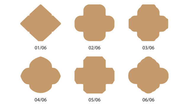 Brown geometric shape vector set, six abstract polygon decals and cutout borders, minimal flat design for print labels, stickers, and graphic layout