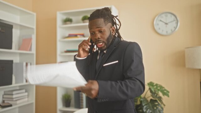 Young man in suit on smartphone, holding paperwork and phone to ear while reading documents in a building; multitasking urgent stress.