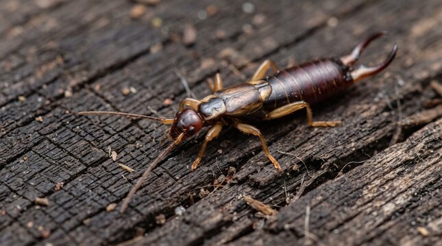 Close-up of an earwig insect with pincers on weathered wood surface.