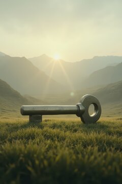 Oversized metallic key on grassy field with golden sunlight and distant mountains, creating surreal symbolism of discovery, opportunity, and unlocking hidden potential.