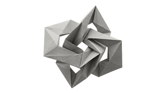 Minimalist grey origami sculpture, interlocking geometric paper art, complex modular paper craft structure for creative branding and design