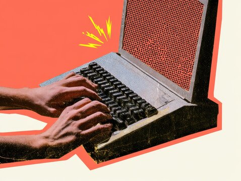 A hand typing on a vintage laptop/computer, vintage paper cutout collage, halftone dot pattern, retro tech zine aesthetic, distressed paper textures, thick cutout border, yellow electronic sparks