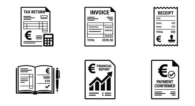 Financial documents with euro symbols and charts a flat vector illustration set