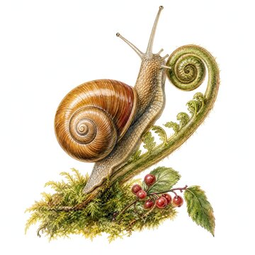 Snail Climbing a Curled Fern Frond Watercolor Illustration