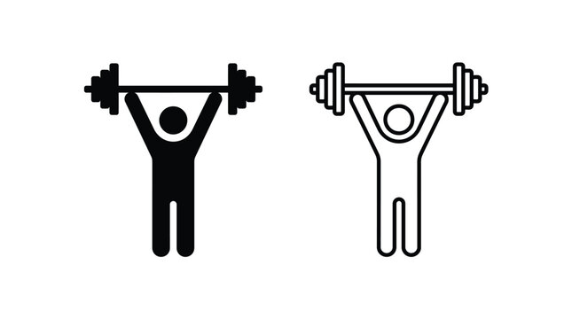 Fitness vector illustration featuring weightlifter glyph symbols lifting heavy barbell weights during strength training workout exercise routines for gym health promotion concepts