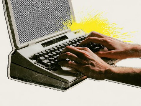 A hand typing on a vintage laptop/computer, vintage paper cutout collage, halftone dot pattern, retro tech zine aesthetic, distressed paper textures, thick cutout border, yellow electronic sparks