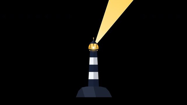 Minimalist 2D flat vector lighthouse with rotating searchlight beam on transparent background.