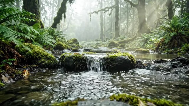 The Image Is A Beautiful Landscape Of A Forest With A Small Stream Running