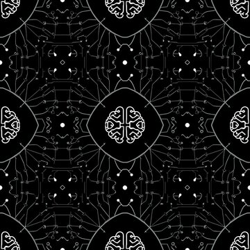 seamless pattern with black and white brain line connection