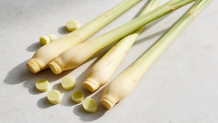 Lemongrass Stalks and Slices on a Pale Worktop © thec