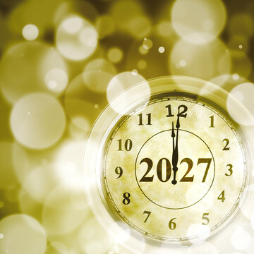 2027 New Year Midnight Clock Countdown on Golden Bokeh Background