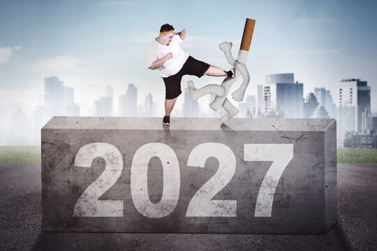 Overweight Man Kicking Cigarette Character on 2027 Stone Block Concept