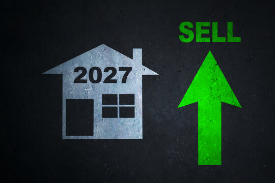 2027 Real Estate Market House Icon with Upward Green Arrow and Sell Text
