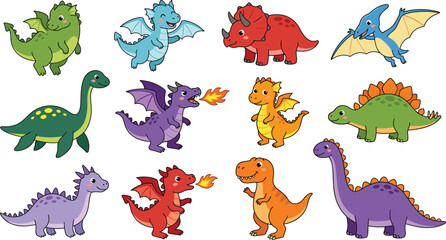 Cute Cartoon Dinosaur and Dragon Vector Character Set Featuring Mythical Flying Monsters and Prehistoric Creatures © Lipon