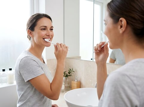 Smiling young woman brushing her teeth in the bathroom mirror reflection