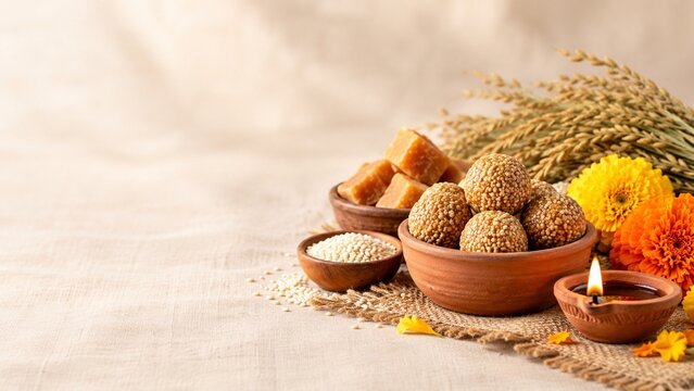 Sesame sweet til ladoo with jaggery and oil lamp diya on burlap cloth for magha month harvest festival and makar sankranti offering