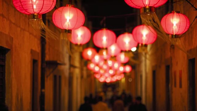 Red paper lanterns swaying over a narrow old town alley at night for lunar new year, crowd in soft focus