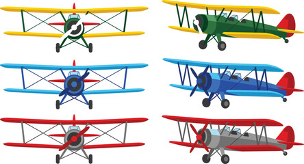 Vintage Biplane Airplane Vector Icon Set Featuring Classic Propeller Aircraft from Front and Side Views © Lipon