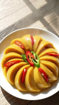 Delicious Steamed African Food Moin Moin Bean Pudding Garnished with Fresh Red and Green Chili