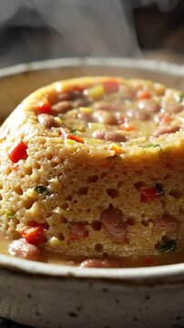 Delicious Steaming Traditional African Food Moin Moin Savory Bean Cake in a Bowl 4K Upscaled