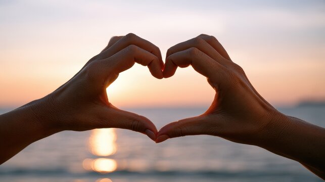 Hands heart shape sunset beach ocean summer love romance vacation.