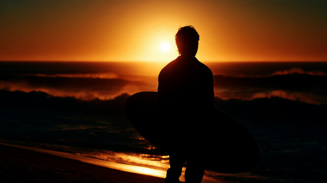 Silhouette of surfer with surf board standing on the beach at sunset and looking far.