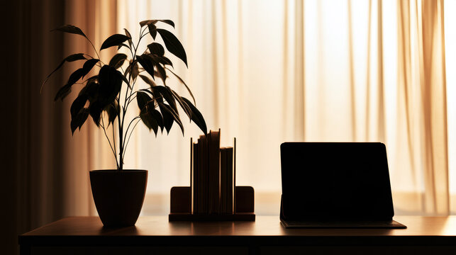 Minimalist silhouette of Organized home office workspace with tablet on a wooden desk.