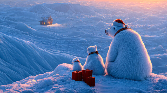 a polar bear family wearing colorful scarves and Santa hats sitting near red gift boxes.