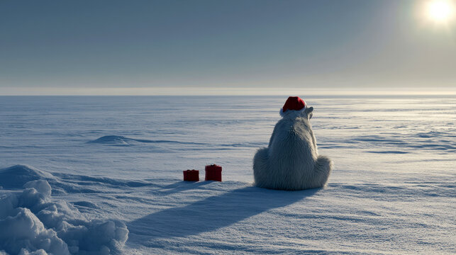 polar bear wearing Santa hats sitting near red gift boxes.