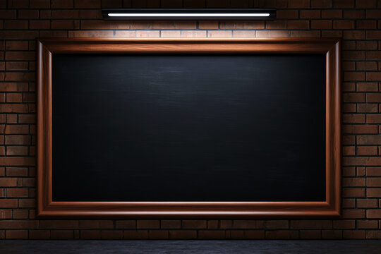 clean view of a dark chalkboard slate within a smooth, modern walnut frame, set against a perfectly laid brick wall and LED light background.