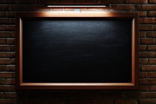 clean view of a dark chalkboard slate within a smooth, modern walnut frame, set against a perfectly laid brick wall and LED light background.