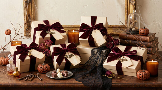 Vintage Halloween gift arrangement with candle and pumpkin