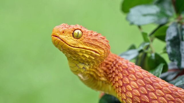 Orange bush viper flicking tongue in natural habitat