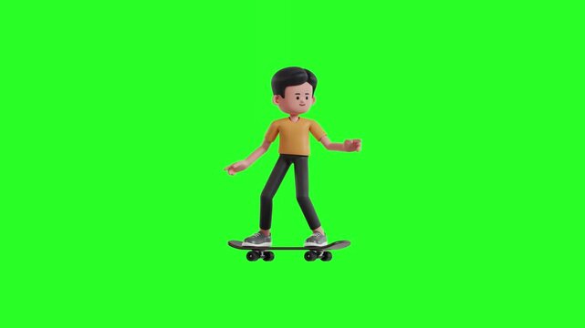 3D Cartoon Boy Character Skateboarding Isolated on Green Screen Chroma Key Background Vector Motion Graphic Asset   