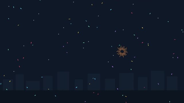 Minimalist vector illustration of a city skyline at night with falling snow and a glowing sun.