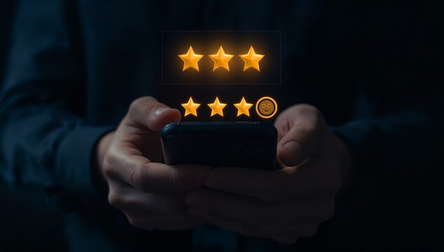 Customer Satisfaction Rating and Feedback on Smartphone Screen with Glowing Gold Stars