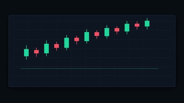 Financial candlestick chart showing an upward trend in stock market trading data.