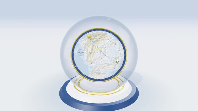 3D render of a glass globe with a map and navigation path