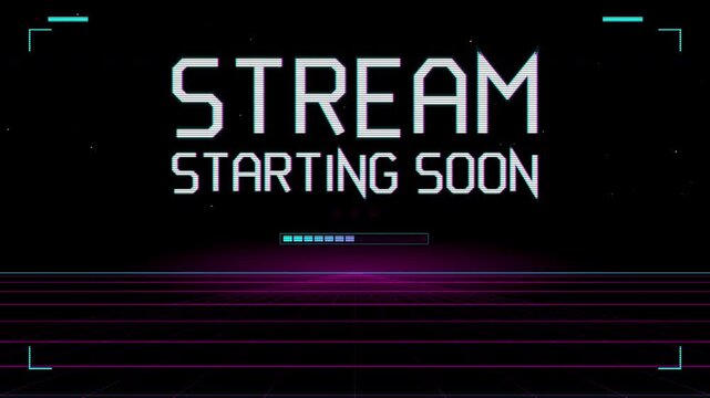 Retro synthwave stream starting soon screen animation with neon glitch typography and futuristic grid